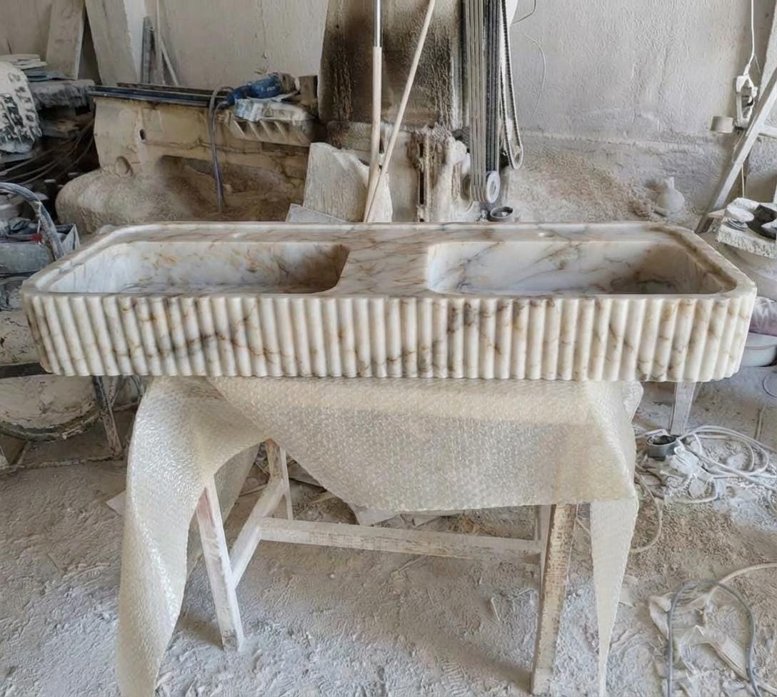 Handcarved Calacatta Gold marble double basin sink by Marblyart, custom made to order — photo 5 of 13