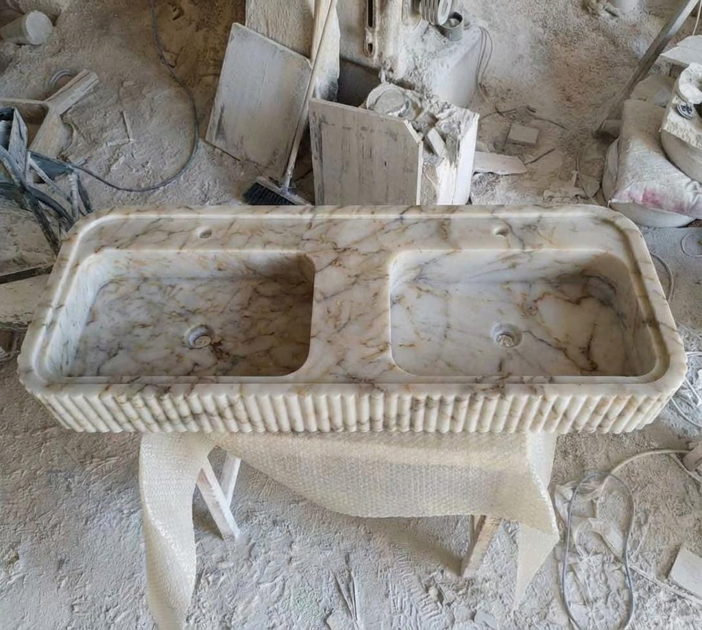Handcarved Calacatta Gold marble double basin sink by Marblyart, custom made to order — photo 13 of 13
