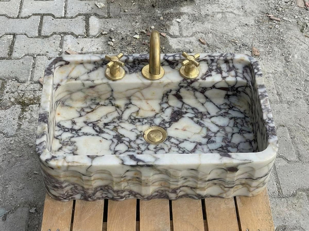 Handcarved Calacatta Viola marble wall mounted sink by Marblyart, custom made to order — photo 14 of 15