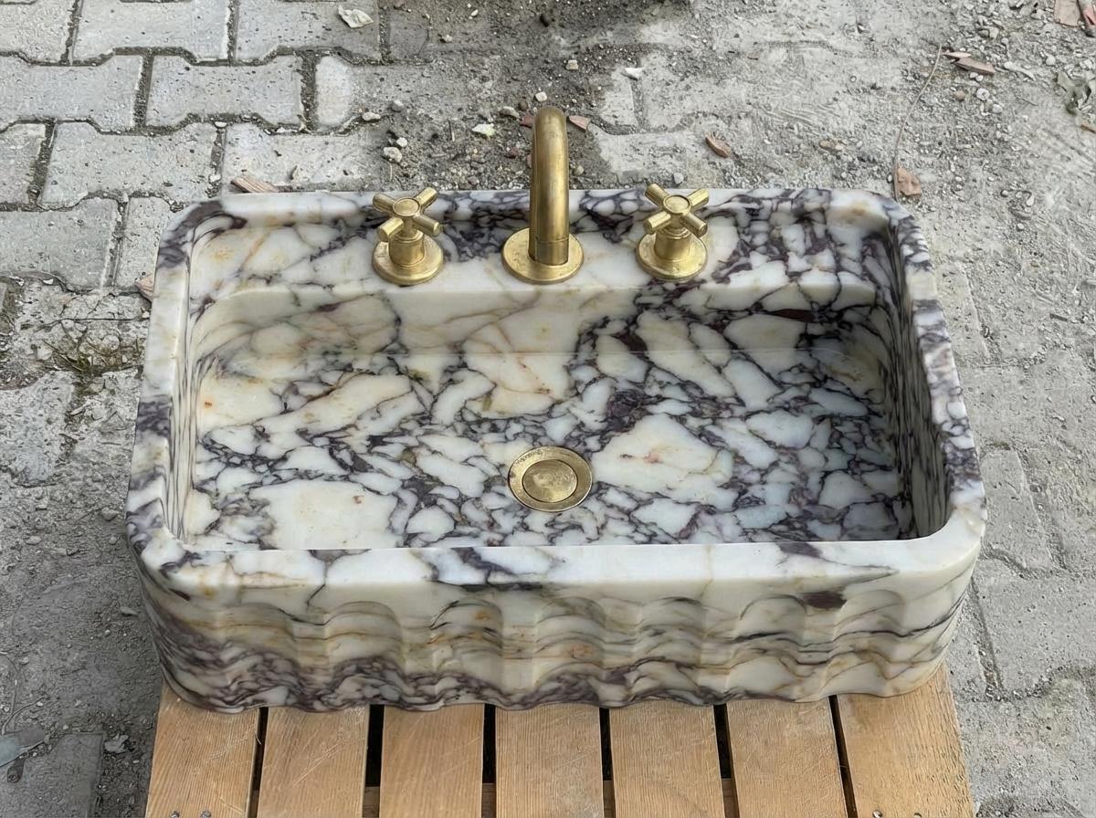 Handcarved Calacatta Viola marble wall mounted sink by Marblyart, custom made to order — photo 14 of 15