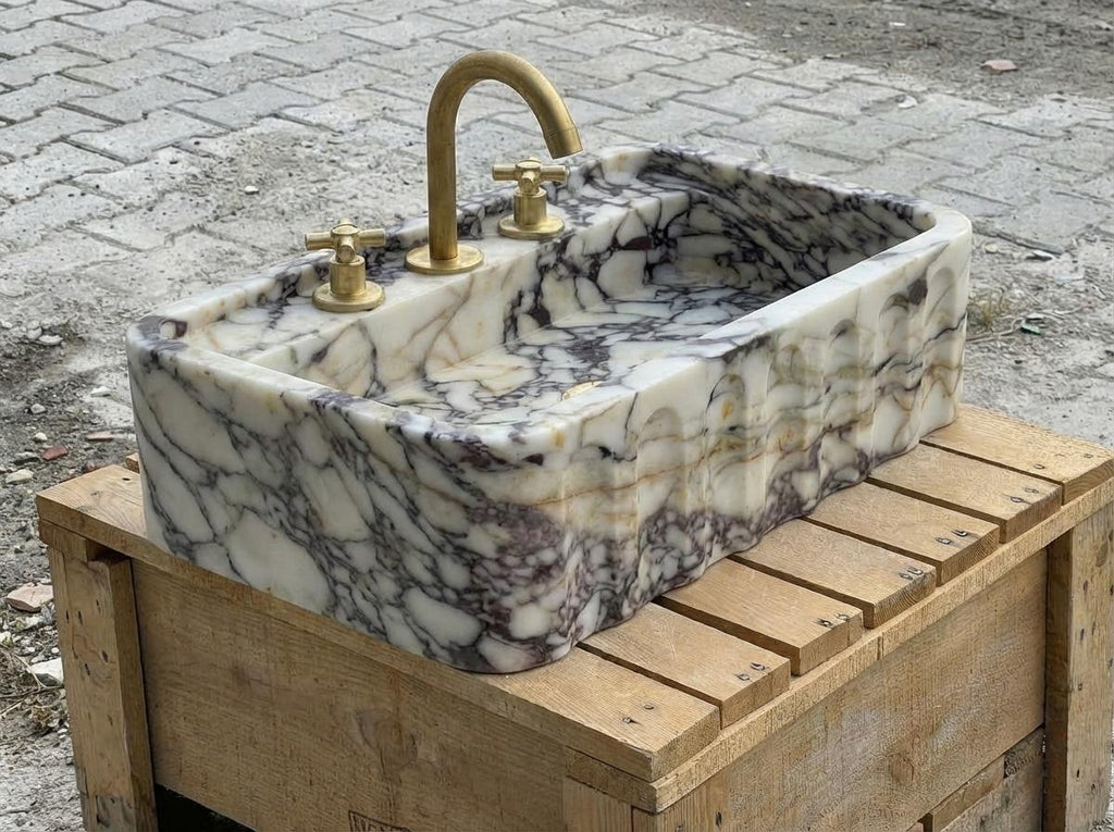 Handcarved Calacatta Viola marble wall mounted sink by Marblyart, custom made to order — photo 15 of 15