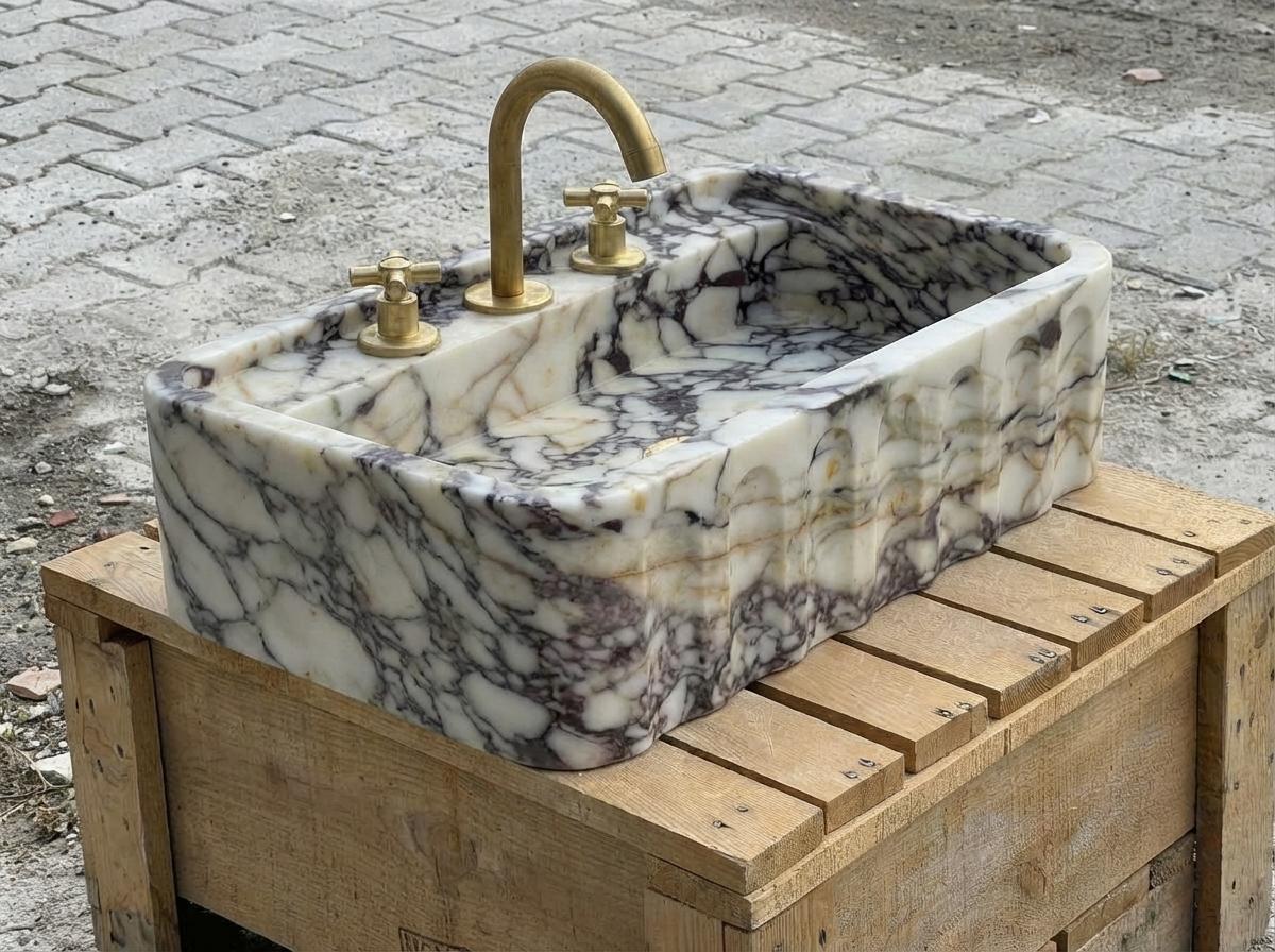 Handcarved Calacatta Viola marble wall mounted sink by Marblyart, custom made to order — photo 15 of 15