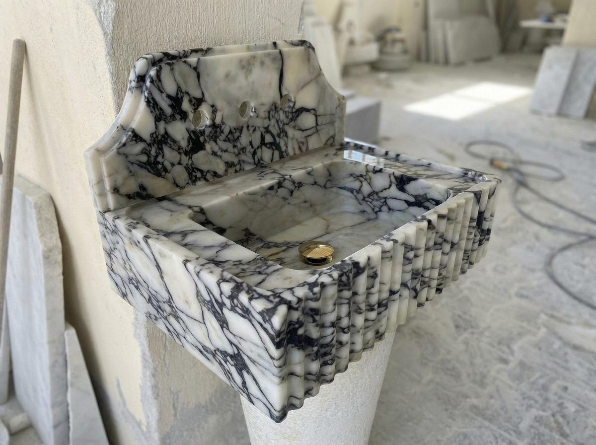 Handcarved natural marble marble floating vanity sink by Marblyart, custom made to order — photo 10 of 13