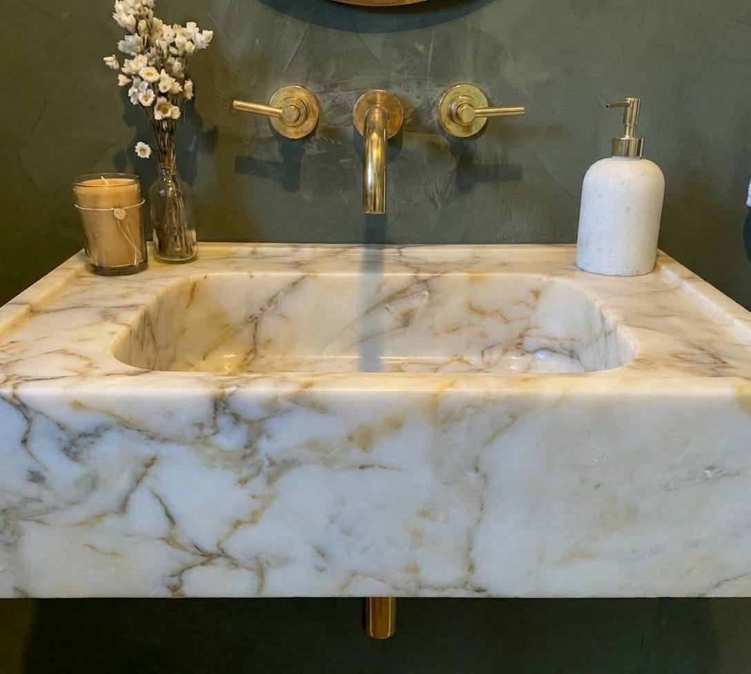 Handcarved Calacatta Gold marble vessel sink by Marblyart, custom made to order — photo 7 of 13
