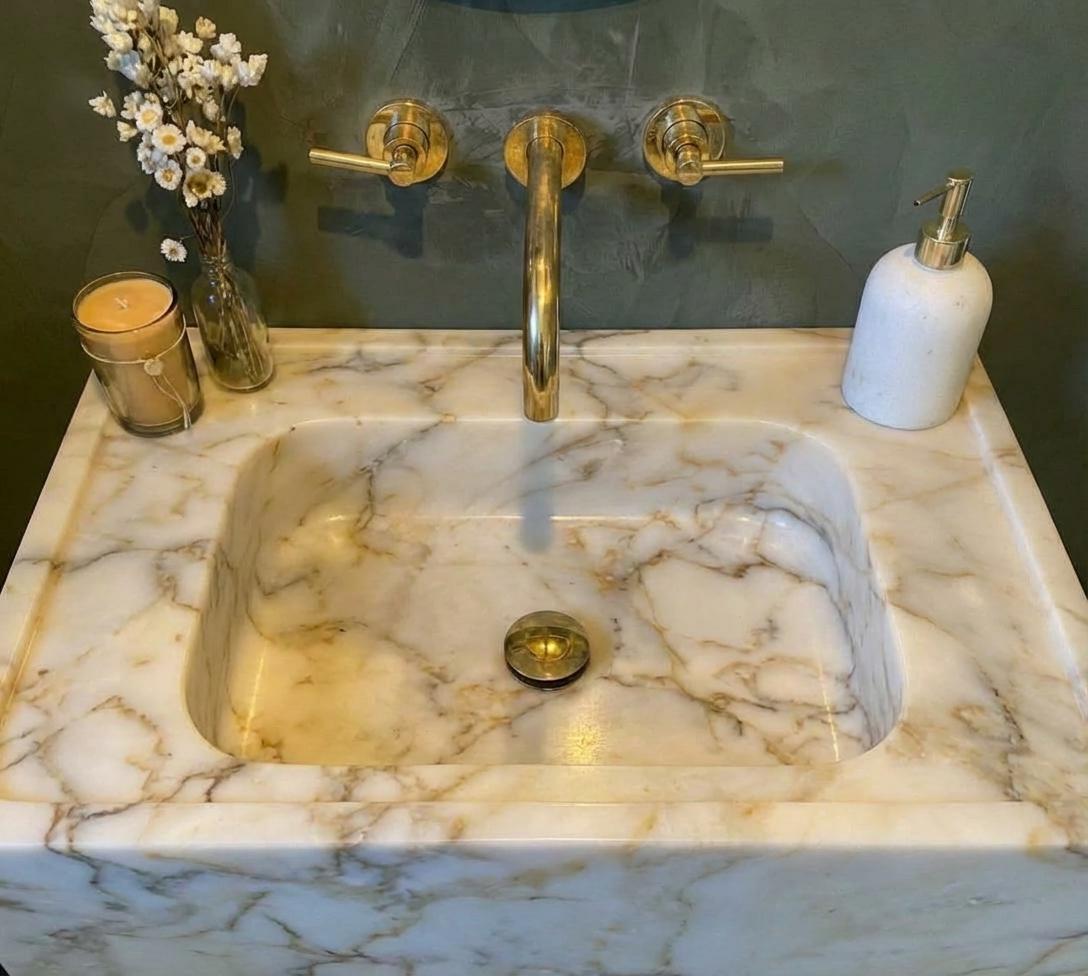 Handcarved Calacatta Gold marble vessel sink by Marblyart, custom made to order — photo 9 of 13