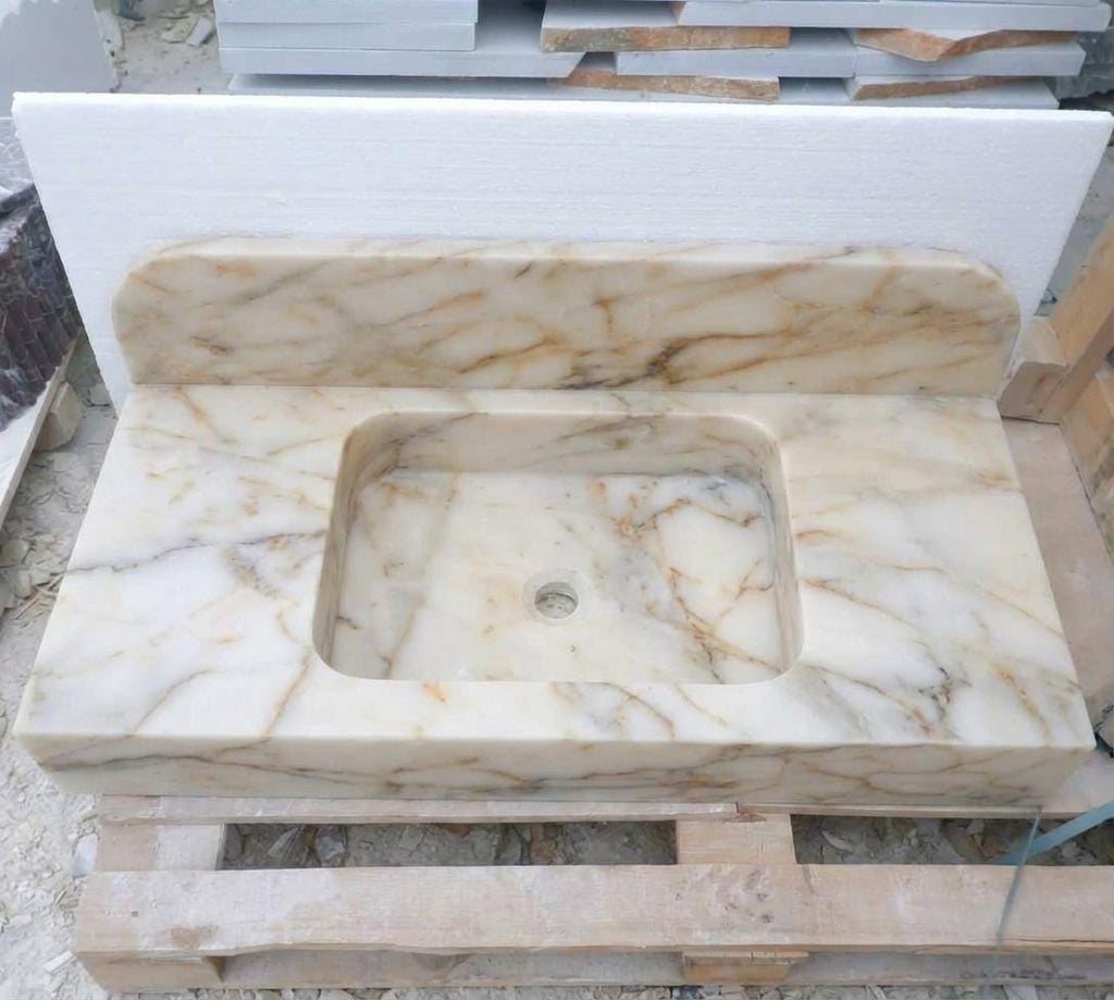Handcarved Calacatta Gold marble floating vanity sink by Marblyart, custom made to order — photo 7 of 14