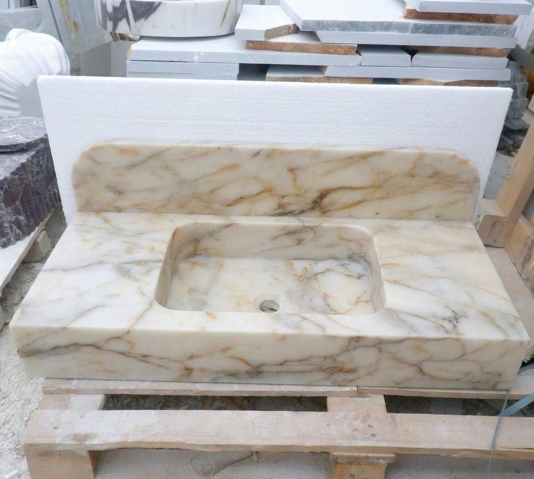 Handcarved Calacatta Gold marble floating vanity sink by Marblyart, custom made to order — photo 3 of 14