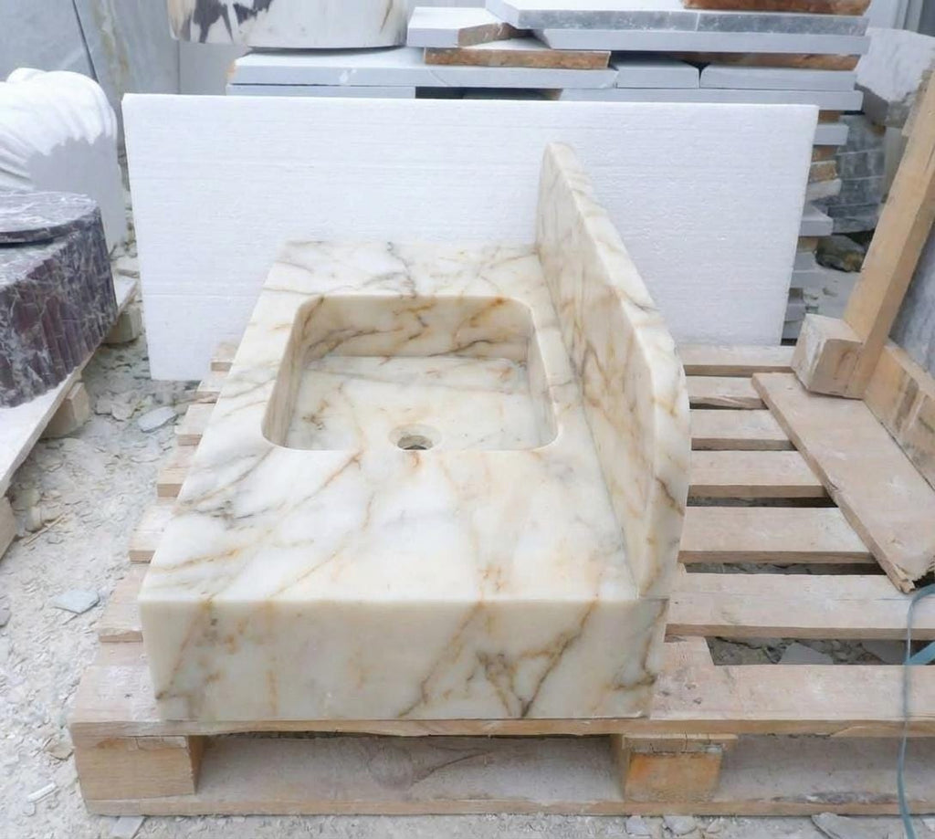Handcarved Calacatta Gold marble floating vanity sink by Marblyart, custom made to order — photo 6 of 14
