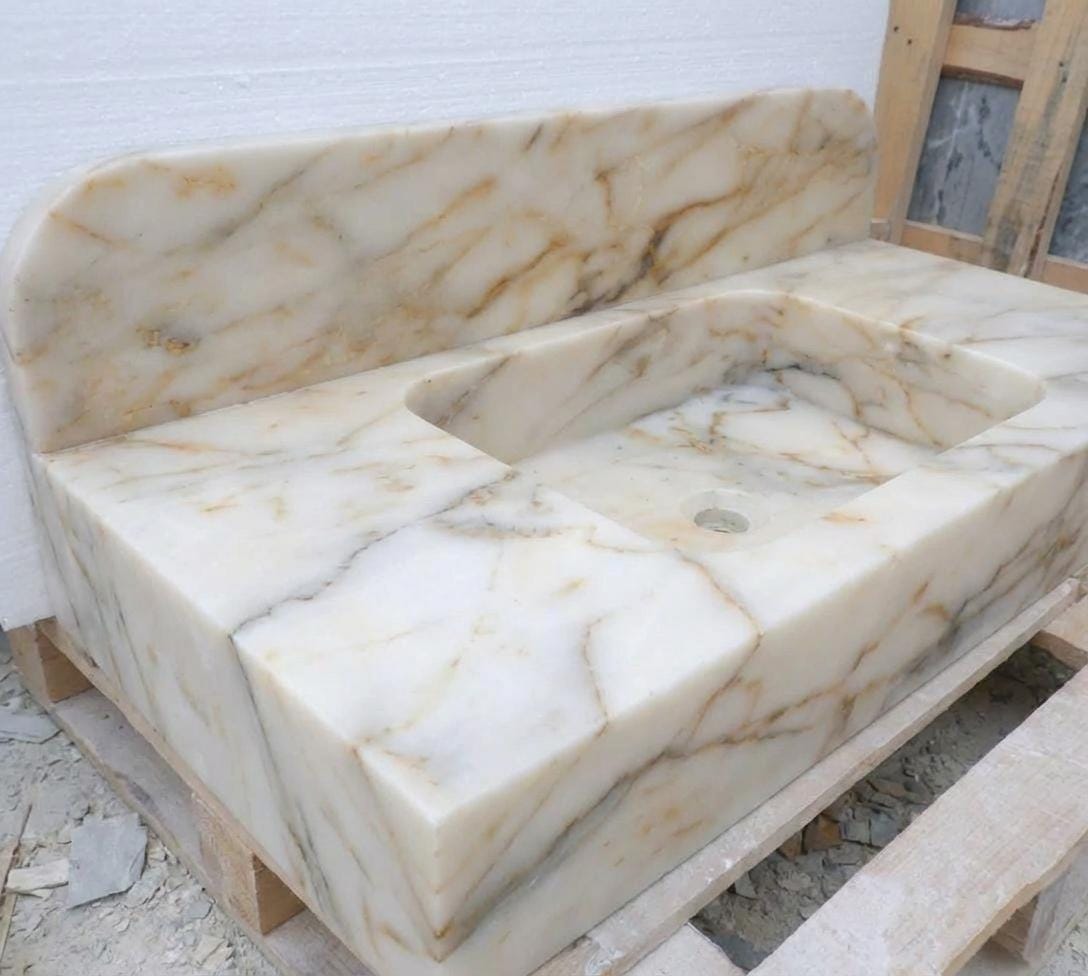 Handcarved Calacatta Gold marble floating vanity sink by Marblyart, custom made to order — photo 5 of 14