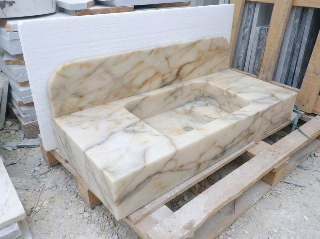 Handcarved Calacatta Gold marble floating vanity sink by Marblyart, custom made to order — photo 2 of 14