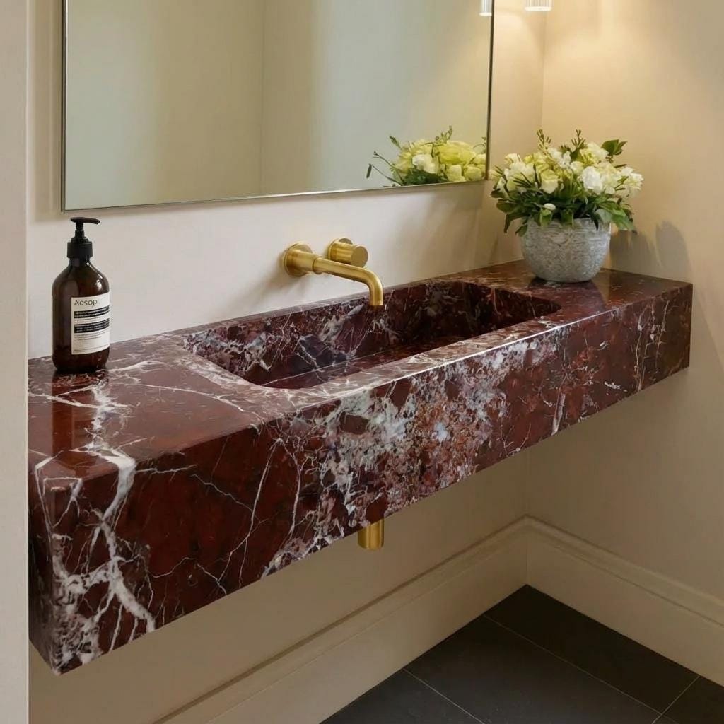 Handcarved Rosso Levanto marble floating vanity sink by Marblyart, custom made to order — photo 3 of 11