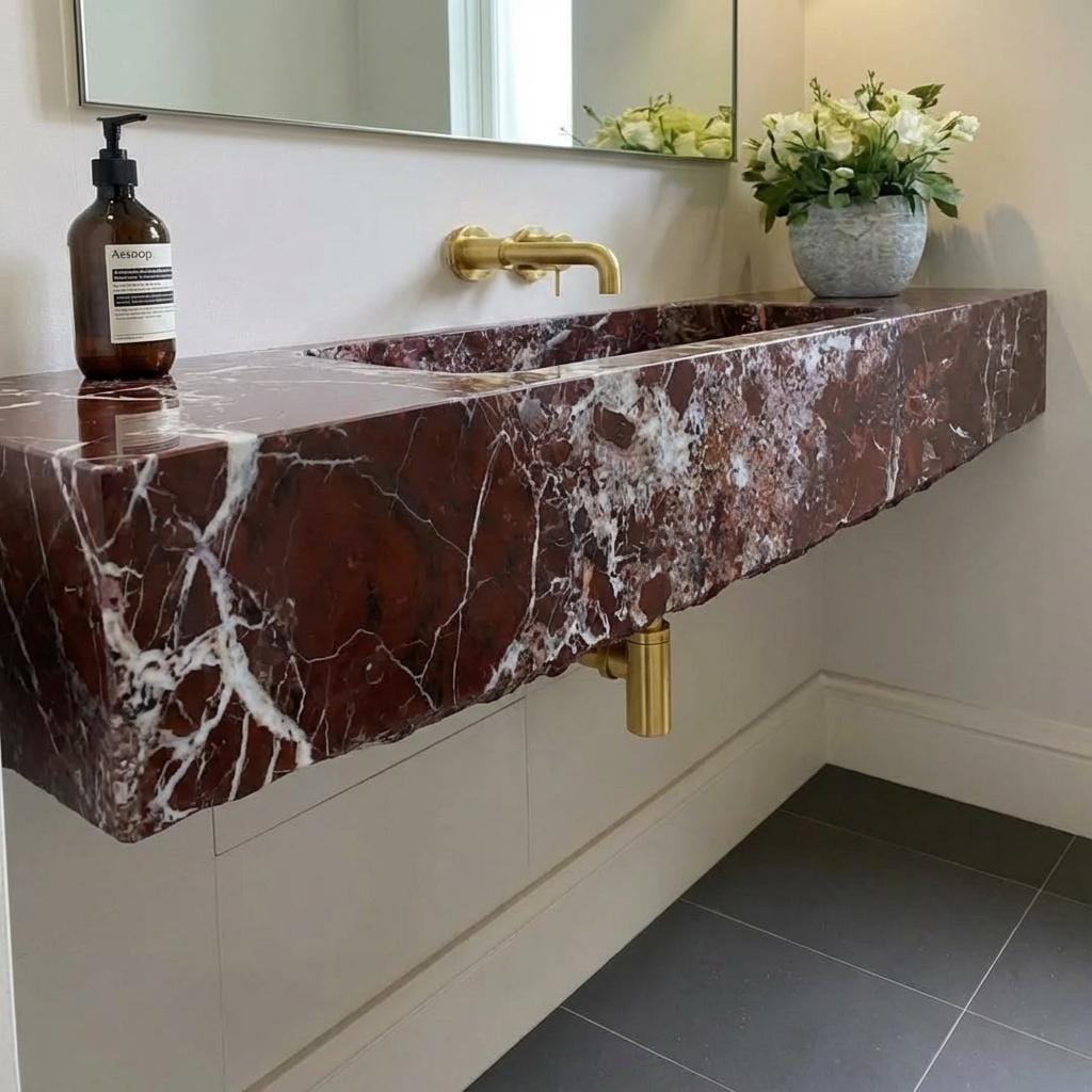 Handcarved Rosso Levanto marble floating vanity sink by Marblyart, custom made to order — photo 9 of 11