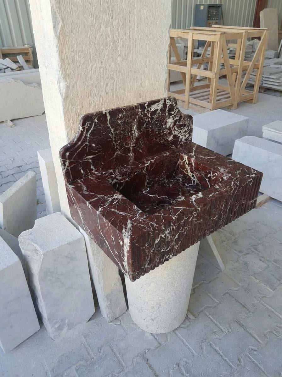 Handcarved Rosso Levanto marble wall mounted sink by Marblyart, custom made to order — photo 6 of 9