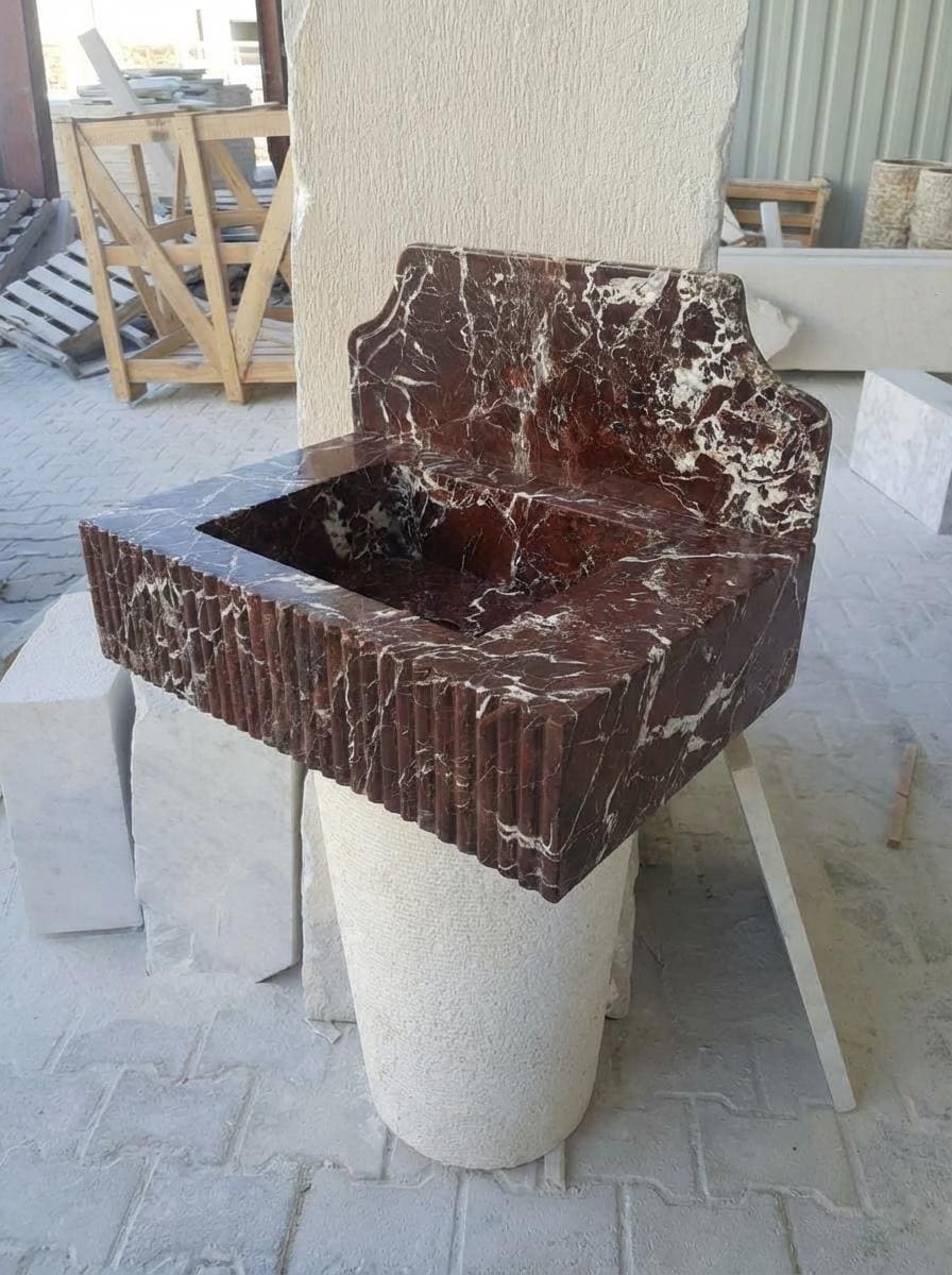 Handcarved Rosso Levanto marble wall mounted sink by Marblyart, custom made to order — photo 7 of 9