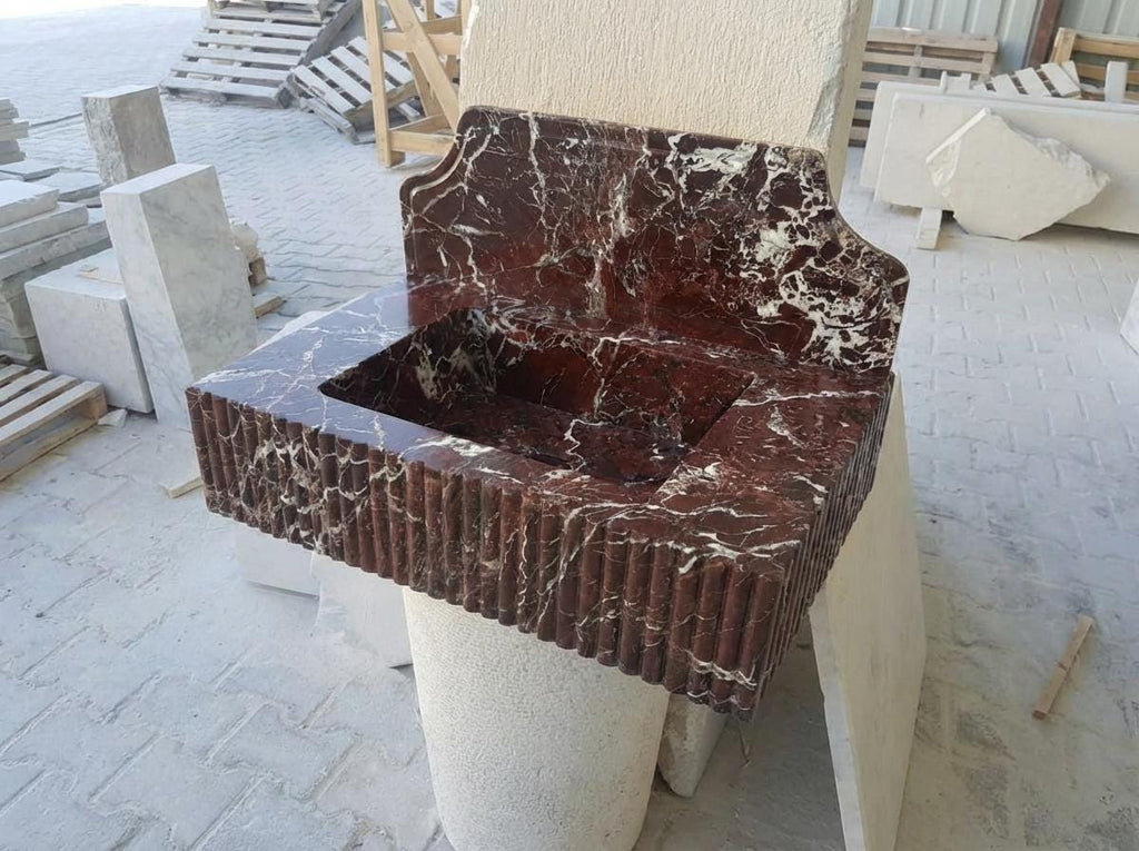Handcarved Rosso Levanto marble wall mounted sink by Marblyart, custom made to order — photo 3 of 9