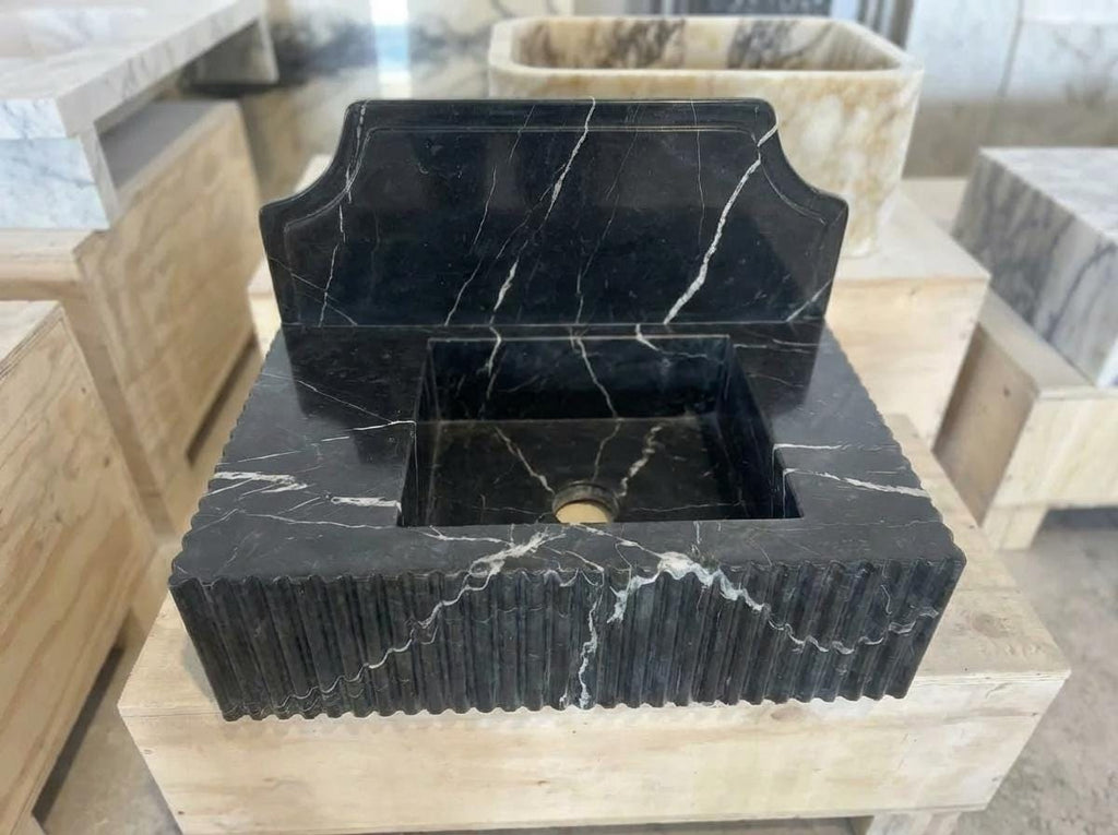 Handcarved Nero Marquina marble wall mounted sink by Marblyart, custom made to order — photo 3 of 14