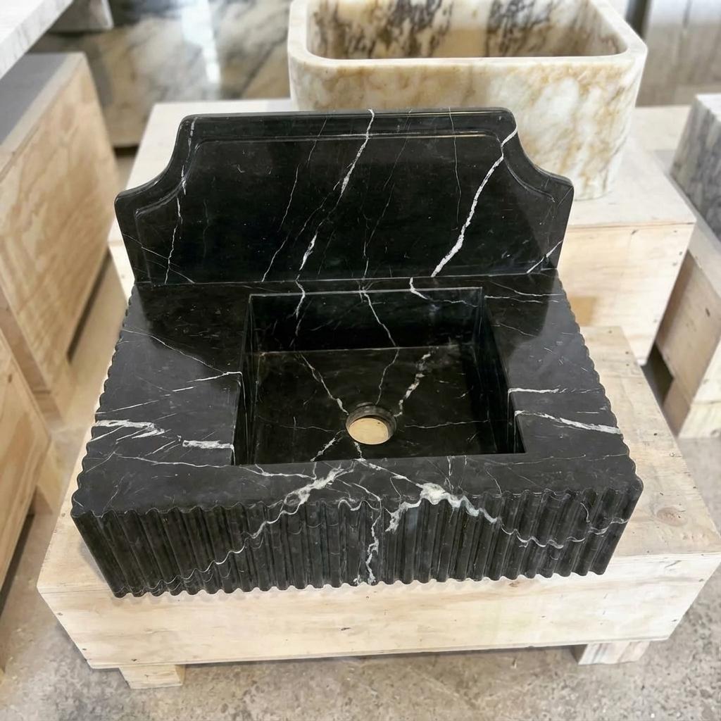 Handcarved Nero Marquina marble wall mounted sink by Marblyart, custom made to order — photo 7 of 14