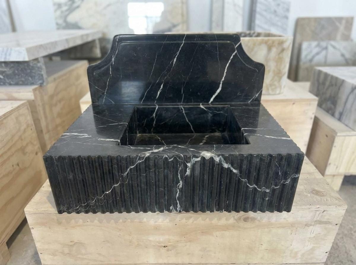 Handcarved Nero Marquina marble wall mounted sink by Marblyart, custom made to order — photo 9 of 14