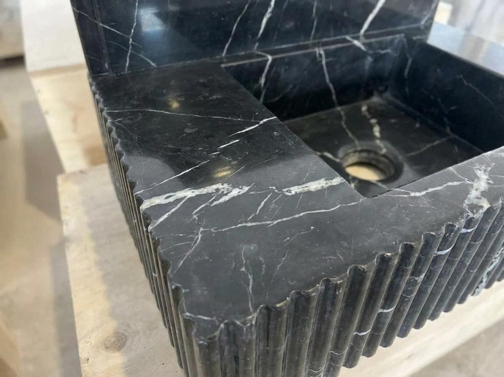 Handcarved Nero Marquina marble wall mounted sink by Marblyart, custom made to order — photo 5 of 14