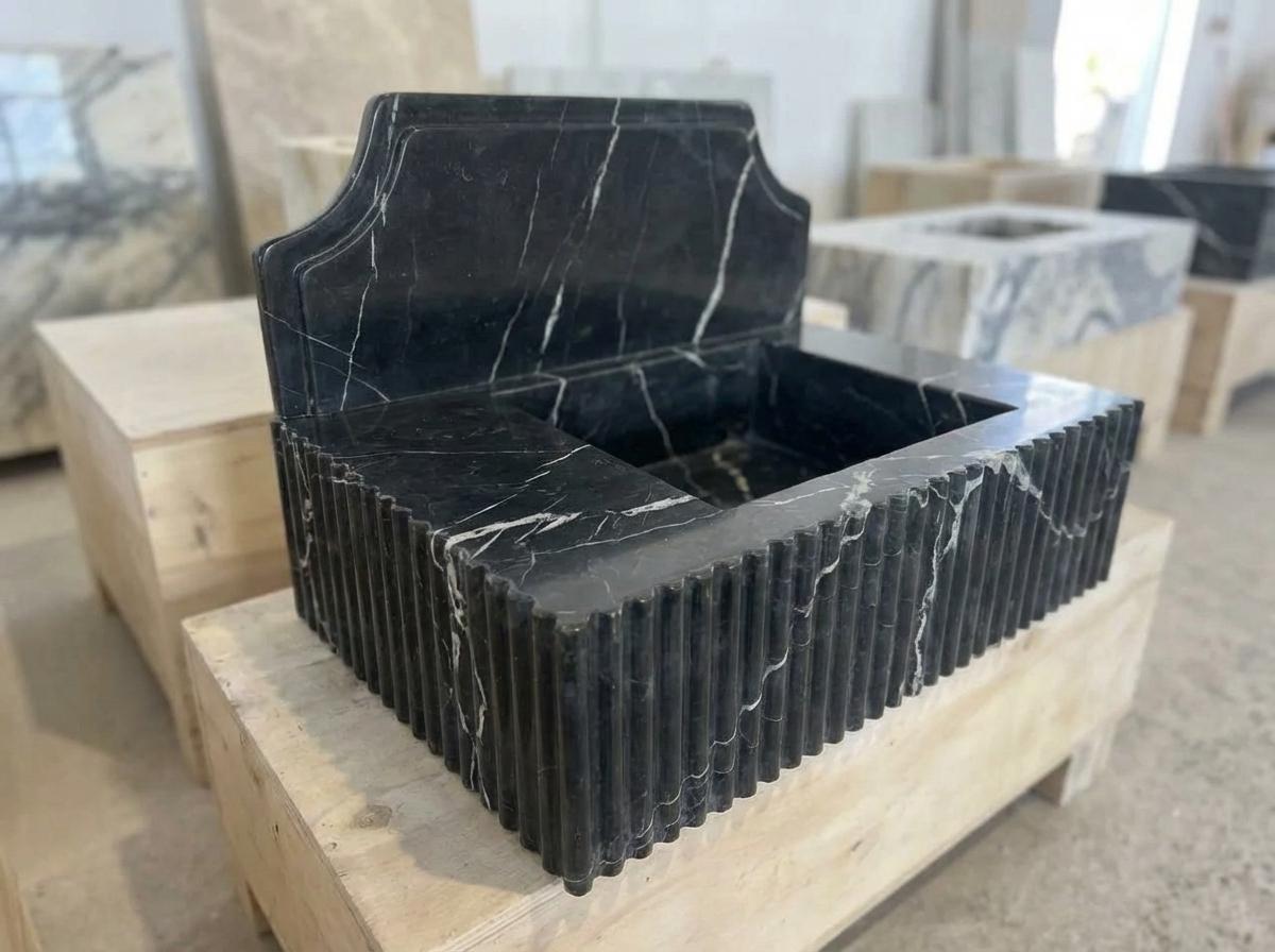 Handcarved Nero Marquina marble wall mounted sink by Marblyart, custom made to order — photo 14 of 14