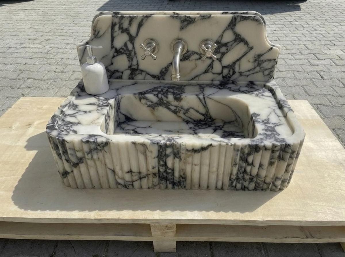 Handcarved Calacatta Viola marble vessel sink by Marblyart, custom made to order — photo 11 of 14
