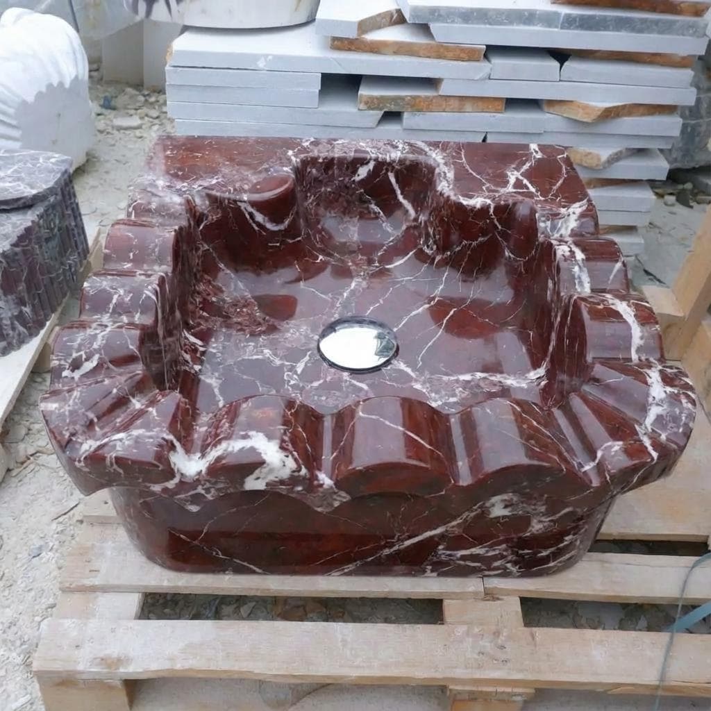 Handcarved Rosso Levanto marble floating vanity sink by Marblyart, custom made to order — photo 6 of 15