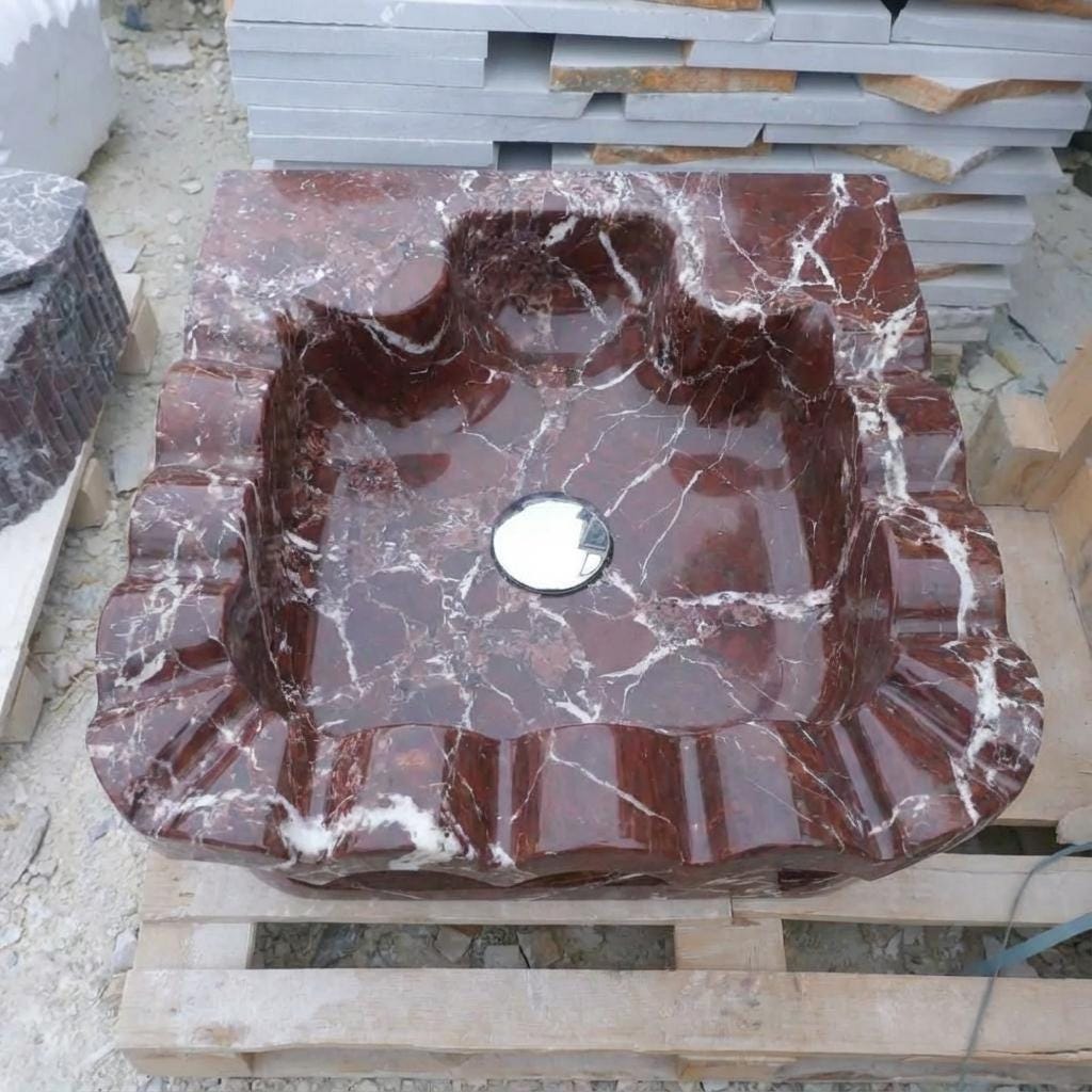 Handcarved Rosso Levanto marble floating vanity sink by Marblyart, custom made to order — photo 4 of 15