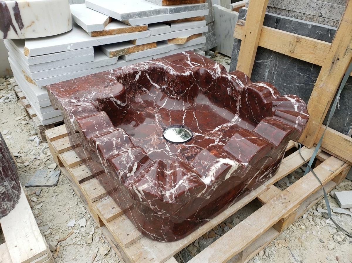 Handcarved Rosso Levanto marble floating vanity sink by Marblyart, custom made to order — photo 5 of 15