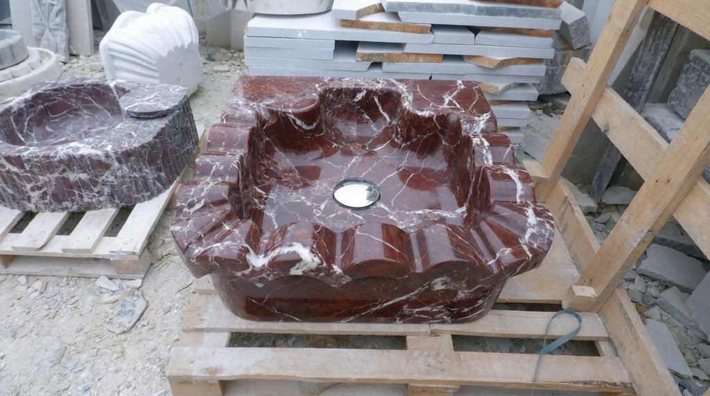 Handcarved Rosso Levanto marble floating vanity sink by Marblyart, custom made to order — photo 10 of 15