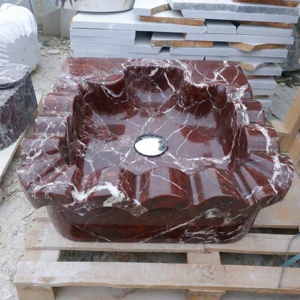 Handcarved Rosso Levanto marble floating vanity sink by Marblyart, custom made to order — photo 11 of 15