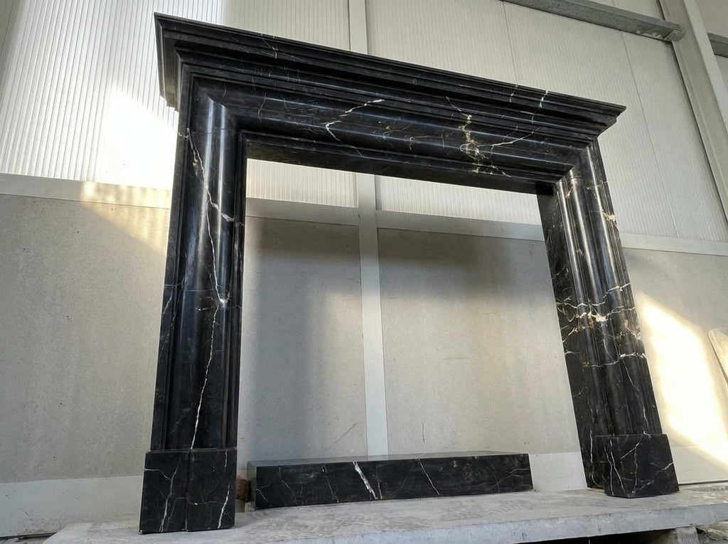 Handcarved Nero Marquina marble fireplace mantel by Marblyart, custom made to order — photo 5 of 11