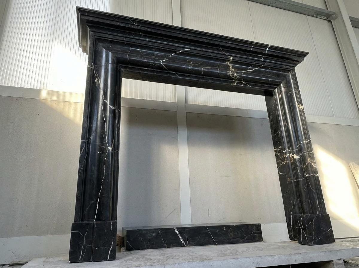 Handcarved Nero Marquina marble fireplace mantel by Marblyart, custom made to order — photo 5 of 11