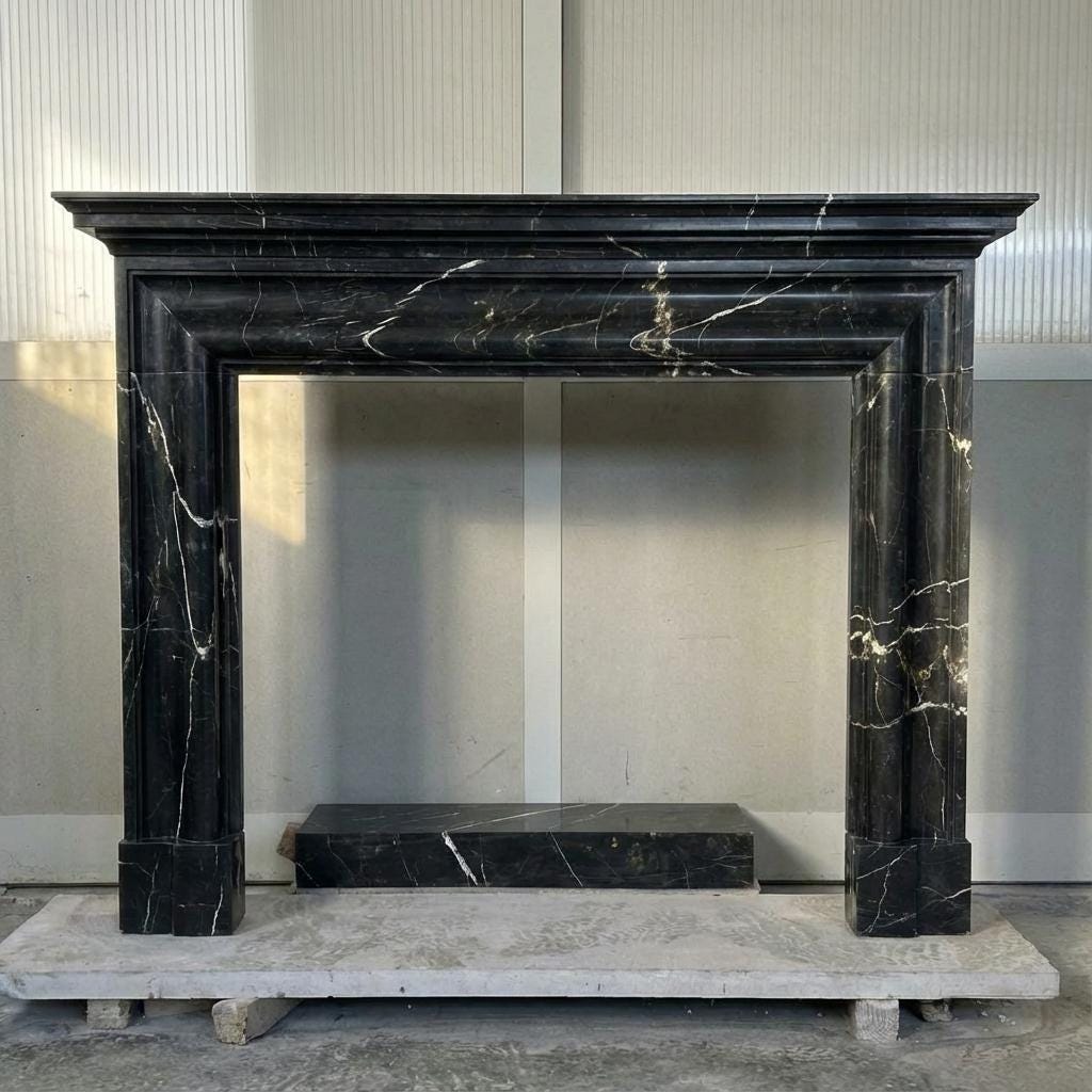 Handcarved Nero Marquina marble fireplace mantel by Marblyart, custom made to order — photo 10 of 11