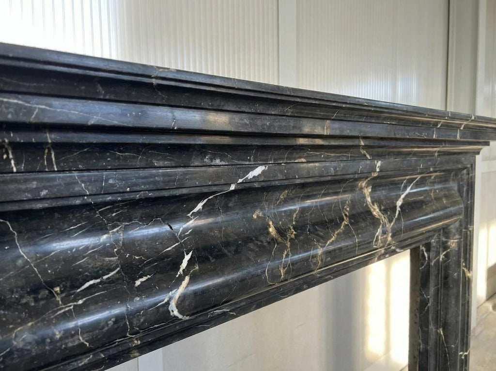 Handcarved Nero Marquina marble fireplace mantel by Marblyart, custom made to order — photo 3 of 11