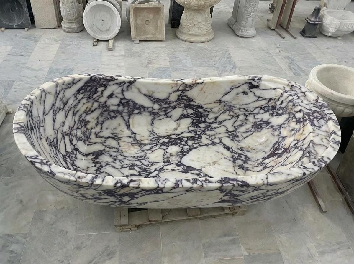 Handcarved Calacatta Viola marble freestanding bathtub by Marblyart, custom made to order — photo 3 of 13