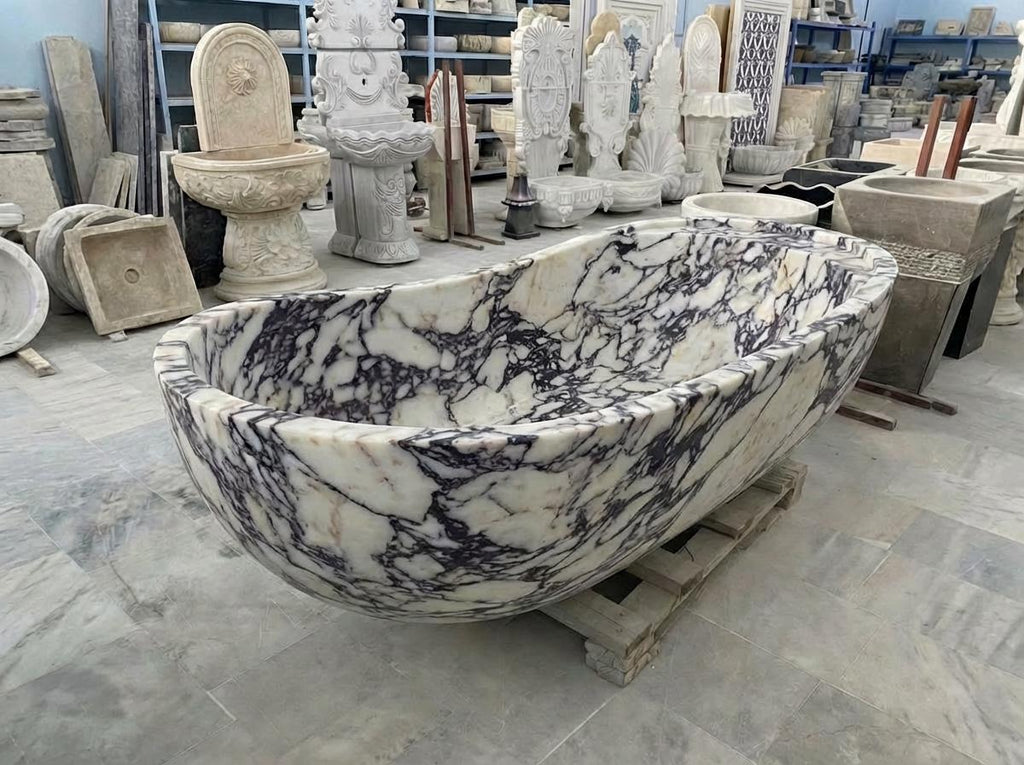 Handcarved Calacatta Viola marble freestanding bathtub by Marblyart, custom made to order — photo 4 of 13