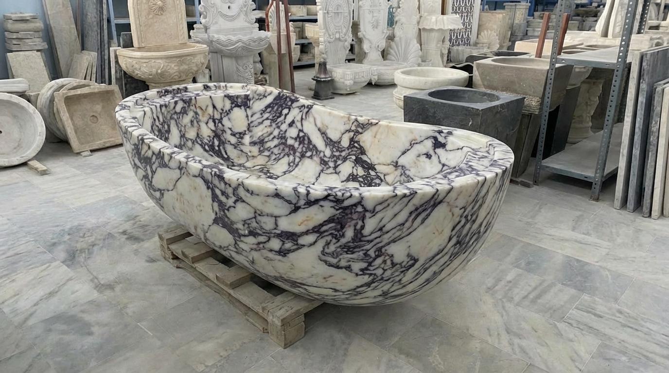 Handcarved Calacatta Viola marble freestanding bathtub by Marblyart, custom made to order — photo 5 of 13