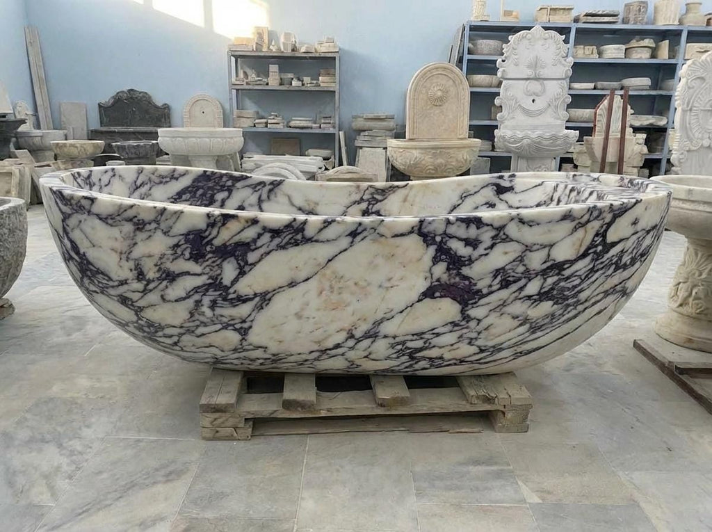 Handcarved Calacatta Viola marble freestanding bathtub by Marblyart, custom made to order — photo 9 of 13