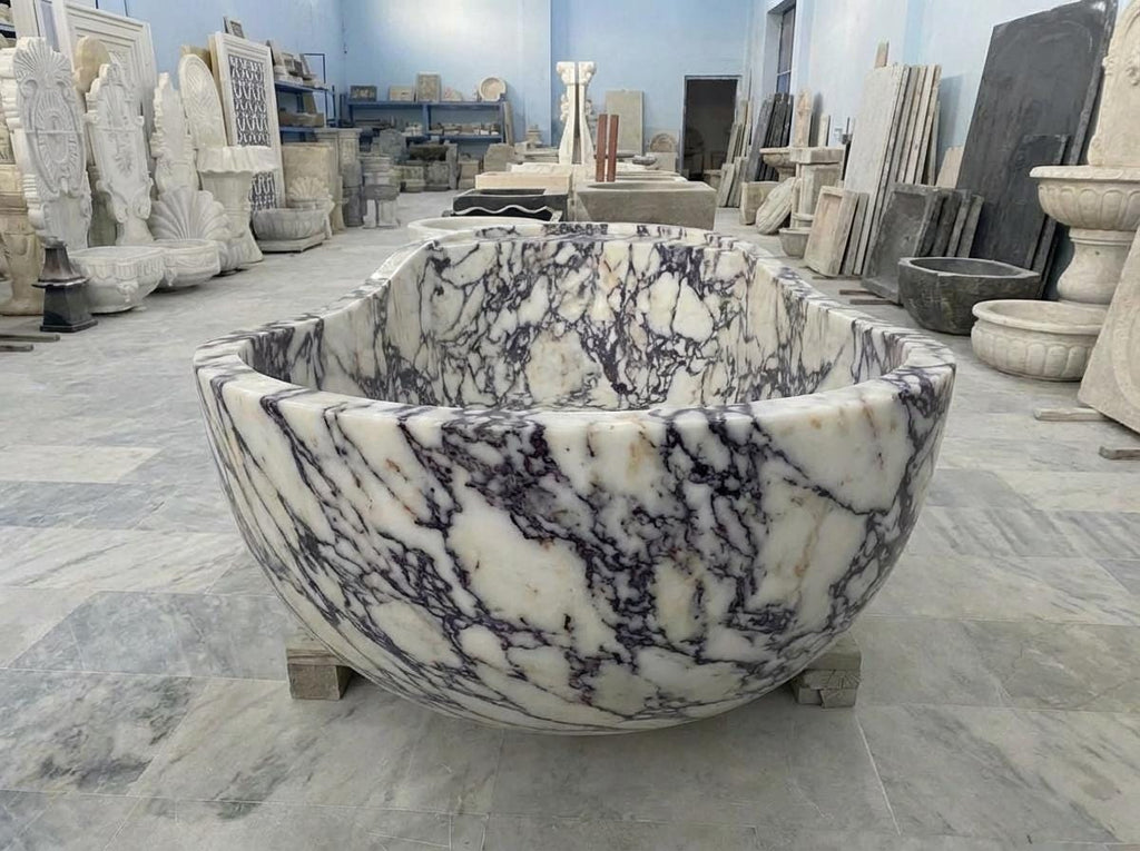 Handcarved Calacatta Viola marble freestanding bathtub by Marblyart, custom made to order — photo 8 of 13