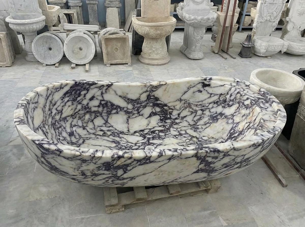 Handcarved Calacatta Viola marble freestanding bathtub by Marblyart, custom made to order — photo 12 of 13