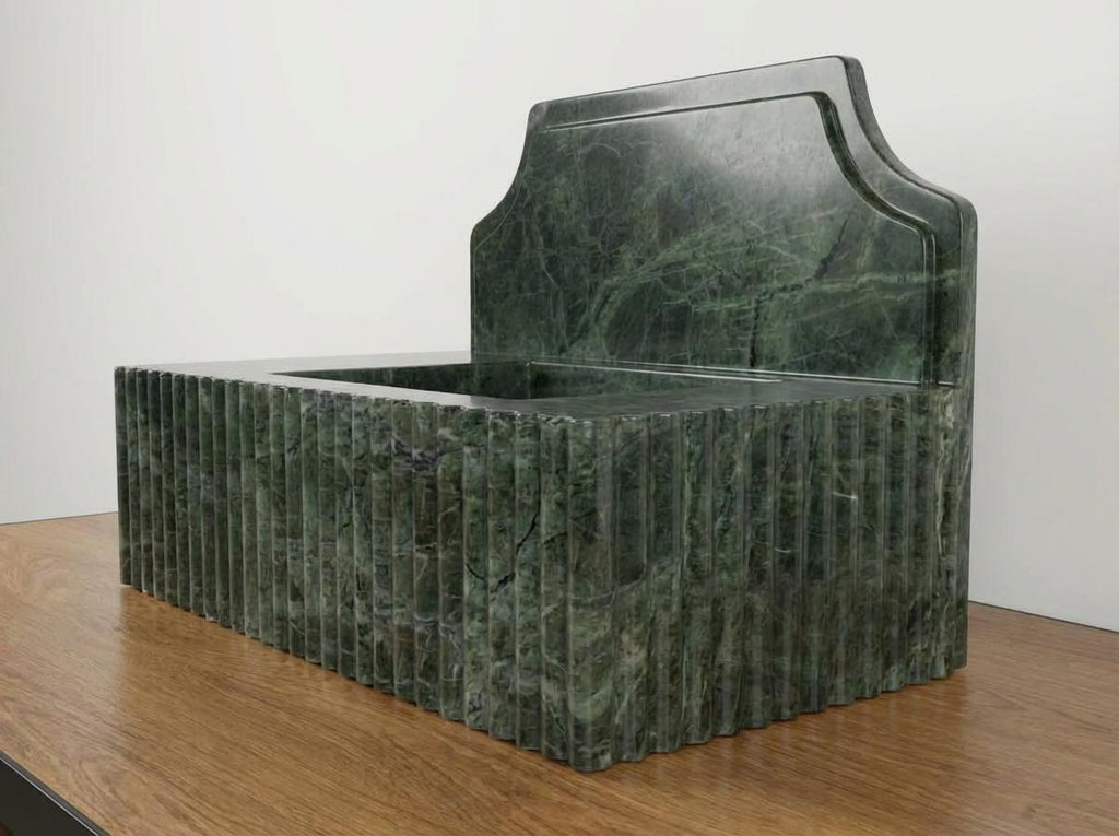 Handcarved Verde green marble wall mounted sink by Marblyart, custom made to order — photo 5 of 14