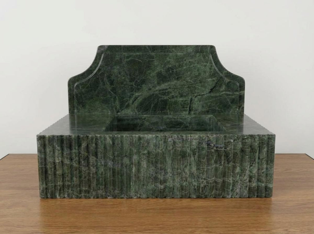 Handcarved Verde green marble wall mounted sink by Marblyart, custom made to order — photo 3 of 14