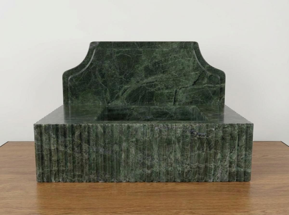 Handcarved Verde green marble wall mounted sink by Marblyart, custom made to order — photo 3 of 14