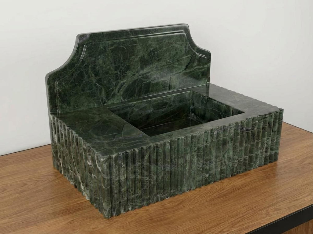 Handcarved Verde green marble wall mounted sink by Marblyart, custom made to order — photo 6 of 14