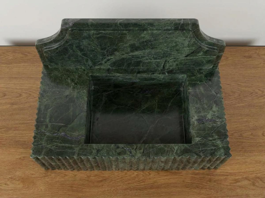 Handcarved Verde green marble wall mounted sink by Marblyart, custom made to order — photo 11 of 14