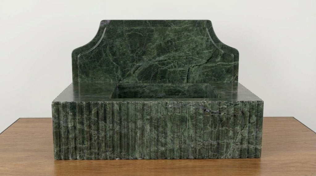 Handcarved Verde green marble wall mounted sink by Marblyart, custom made to order — photo 13 of 14