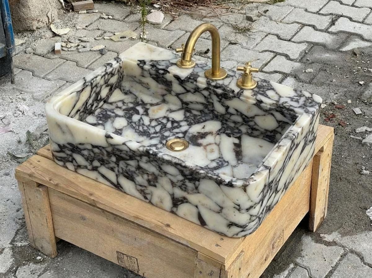Handcarved Calacatta Viola marble vessel sink by Marblyart, custom made to order — photo 2 of 12
