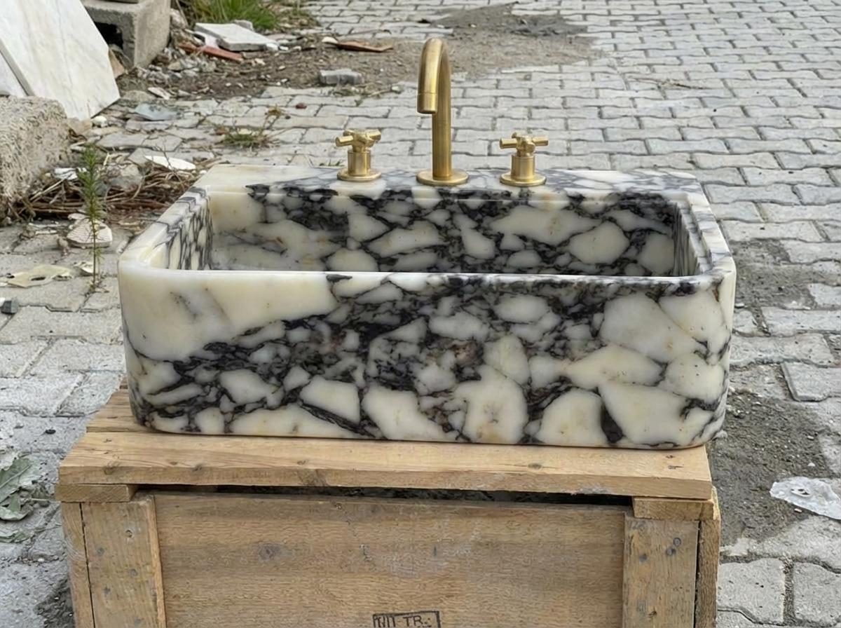 Handcarved Calacatta Viola marble vessel sink by Marblyart, custom made to order — photo 6 of 12