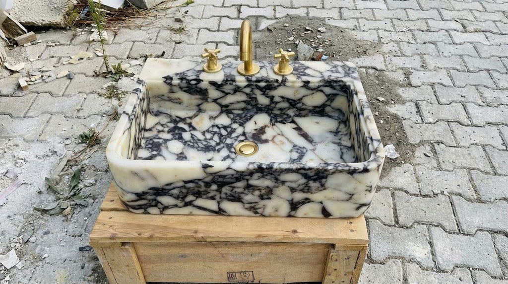 Handcarved Calacatta Viola marble vessel sink by Marblyart, custom made to order — photo 7 of 12