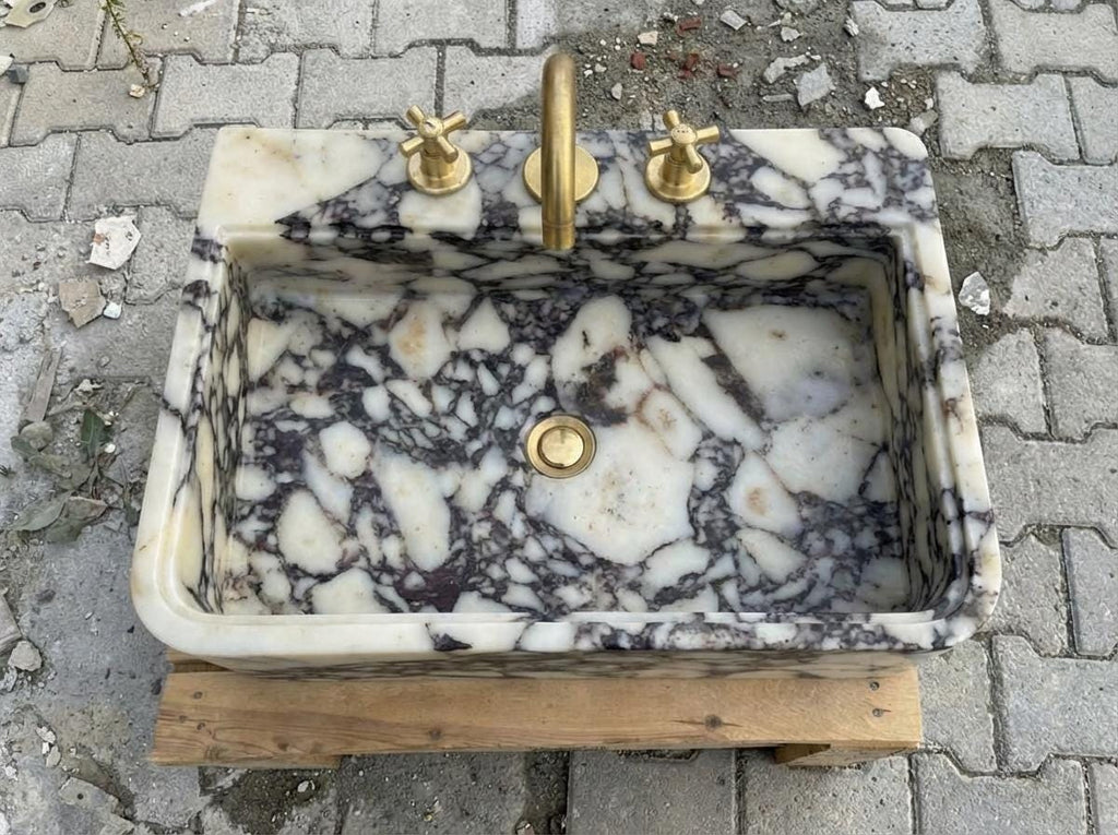 Handcarved Calacatta Viola marble vessel sink by Marblyart, custom made to order — photo 9 of 12